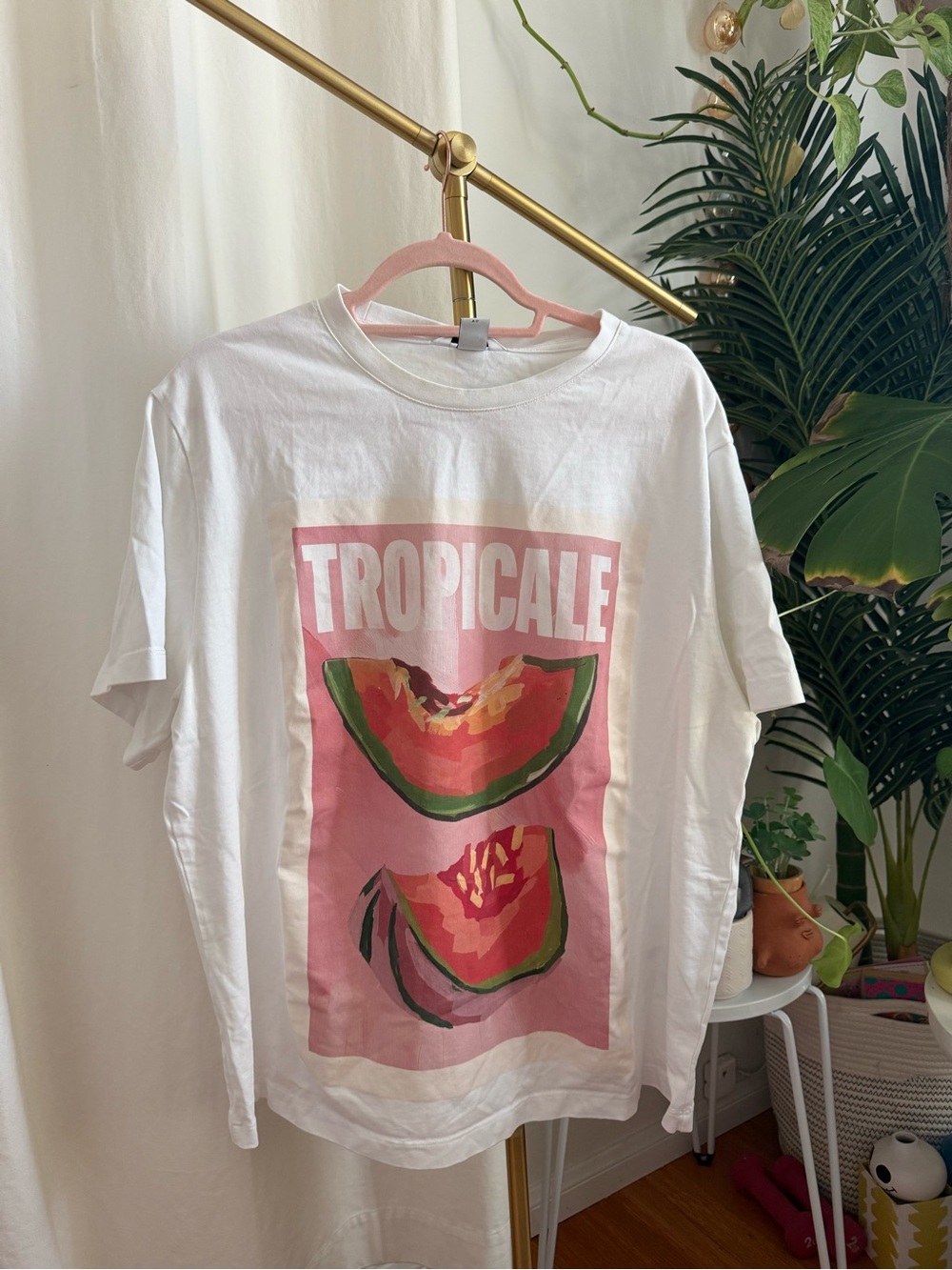 White T-shirt with Pink Tropical Watermelon Graphic